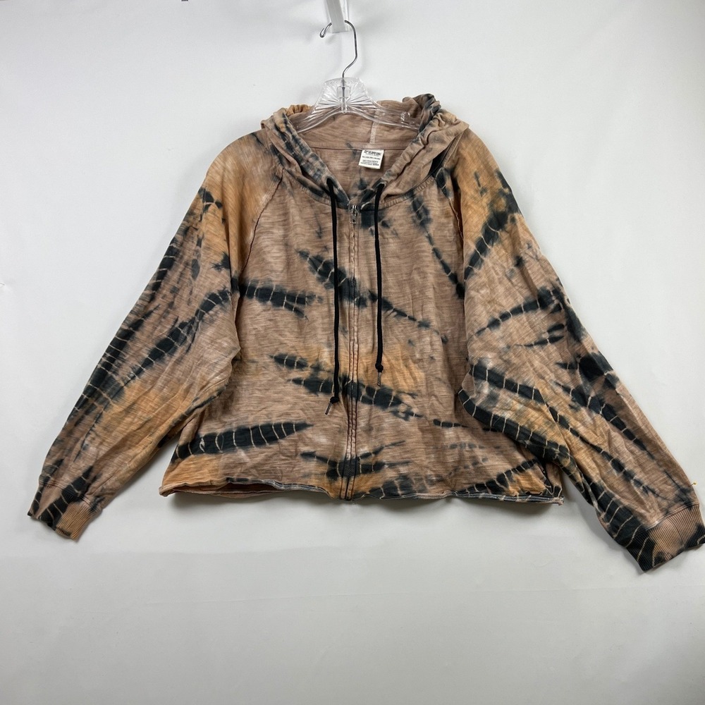 PINK Victoria's Secret Hoodie Women XXL Tan Orange Black Tie Dye Zip Crop Raw